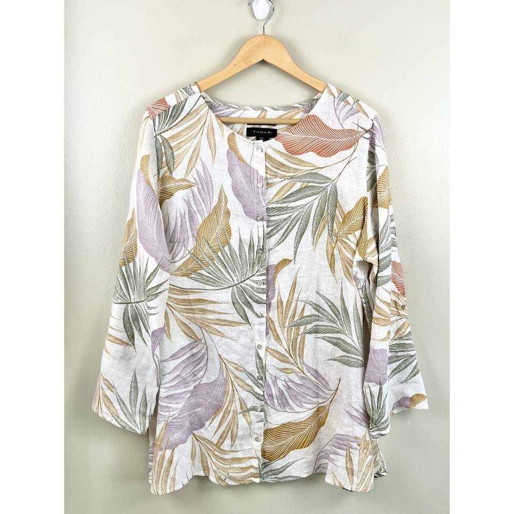 Tahari Womens‎ 1X Linen Top Tropical Leaves Print Button Up Blouse Beach Costal